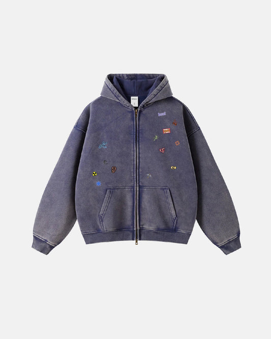 Funny Stickers Distressed Zip Up Hoodies | LCDEGO Streetwear