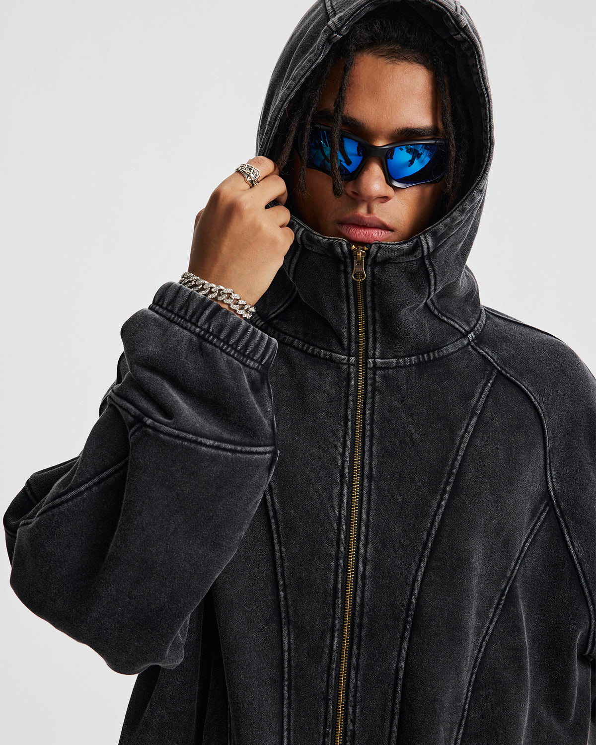 Distressed Stiching Aicd Wash Zip Up Hoodies | LCDEGO Streetwear