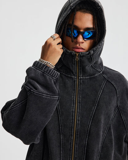 Distressed Stiching Aicd Wash Zip Up Hoodies | LCDEGO Streetwear