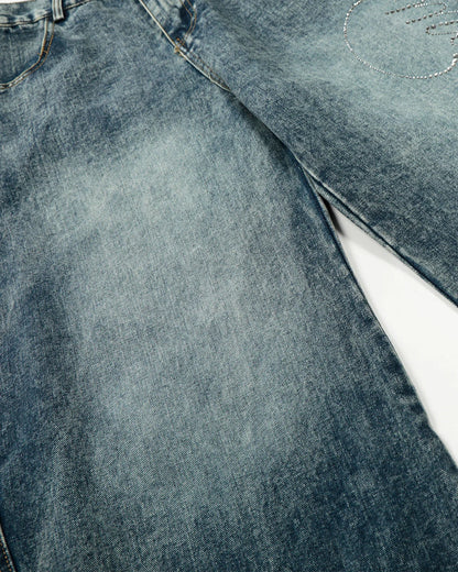 Rhinestone Acid Wash Baggy Jeans | LCDEGO Streetwear