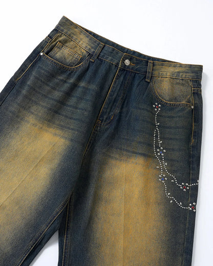 Acid Wash Rhinestone Chain Baggy Jeans | LCDEGO Streetwear