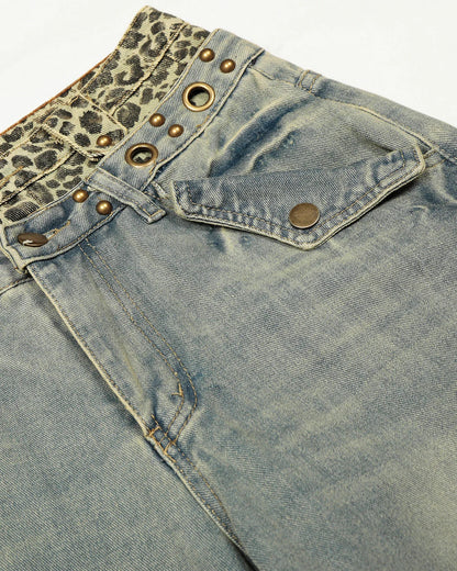 Leopard Pactchwork Double Waist Baggy Jeans | LCDEGO Streetwear
