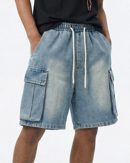 Washed Denim Cargo Shorts with Drawstring | LCDEGO Streetwear