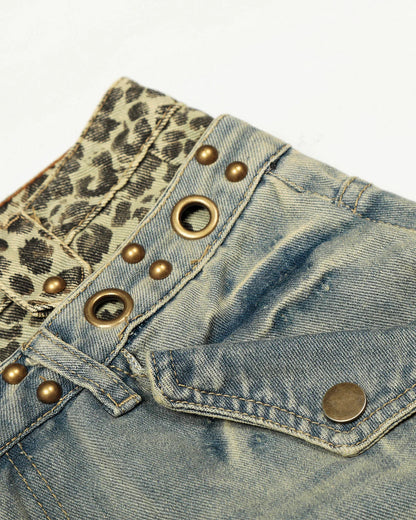 Leopard Pactchwork Double Waist Baggy Jeans | LCDEGO Streetwear