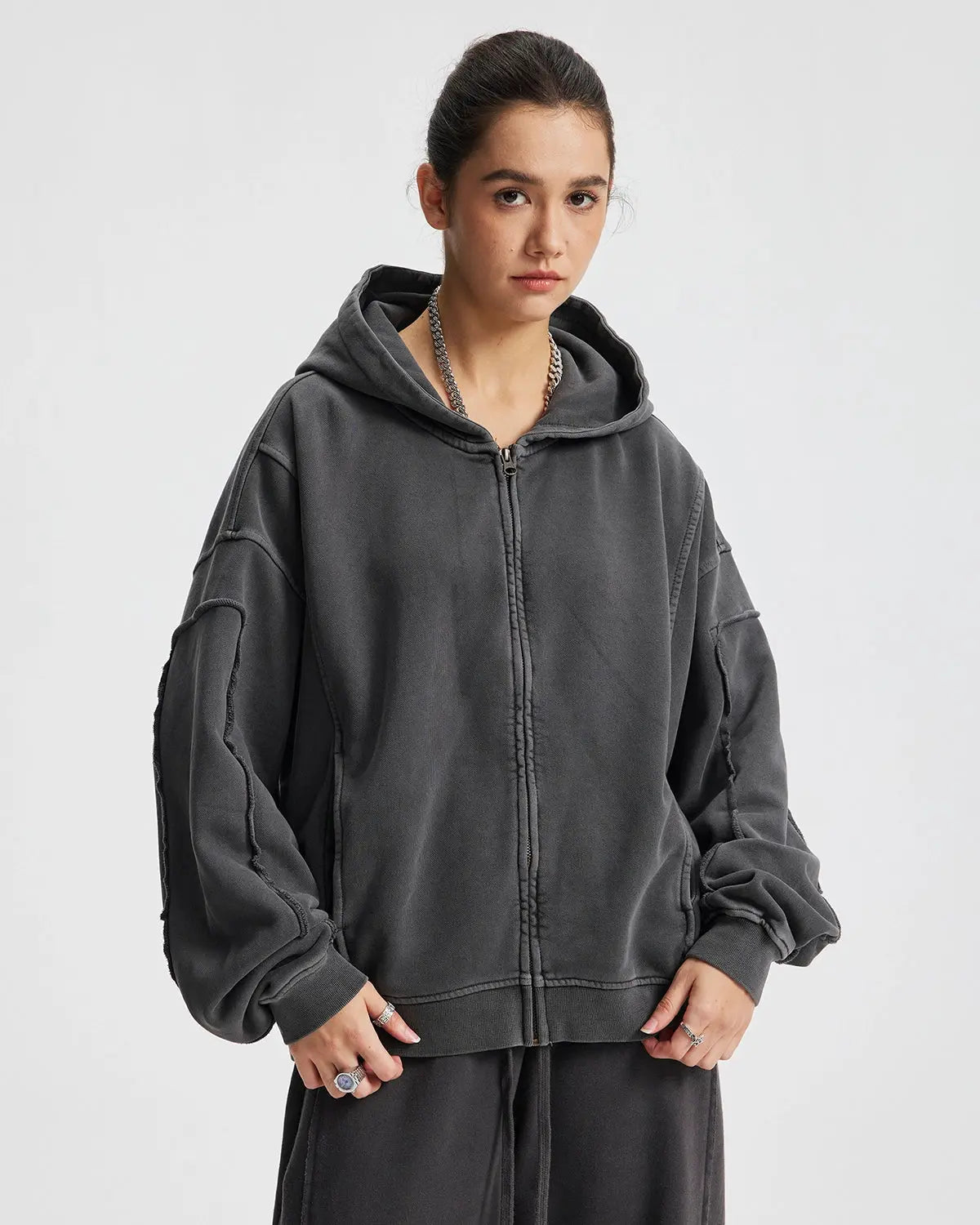 Acid Wash Stitching Zip Up Hoodies | LCDEGO Streetwear