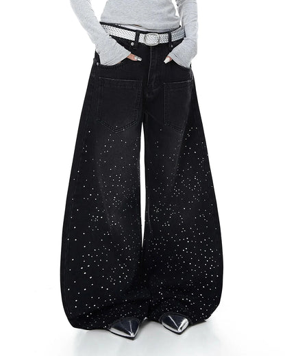 Acid Wash Rhinestone Baggy Jeans | LCDEGO Streetwear