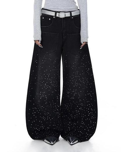 Acid Wash Rhinestone Baggy Jeans | LCDEGO Streetwear