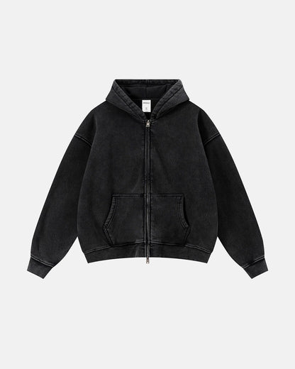 Vintage Washed Fleece Boxy Zip Hoodie | LCDEGO Streetwear