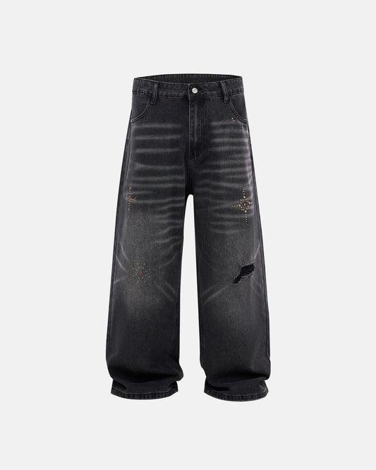 Distressed Rhinestone Ripped Baggy Jeans | LCDEGO Streetwear