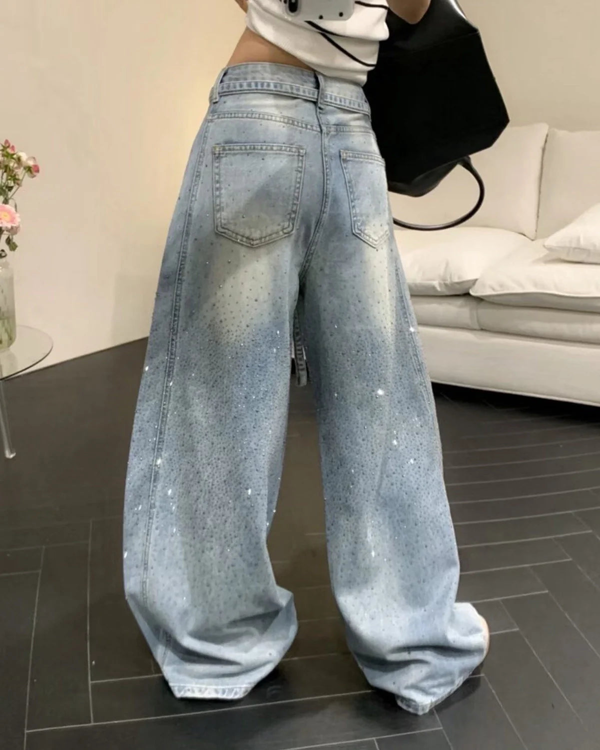 Rhinestone Baggy Barrel Jeans | LCDEGO Streetwear