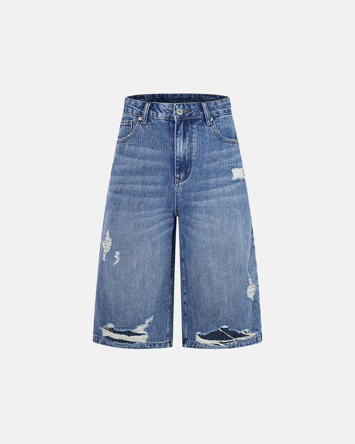 cinch back distressed denim jorts front view