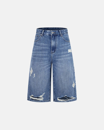 cinch back distressed denim jorts front view