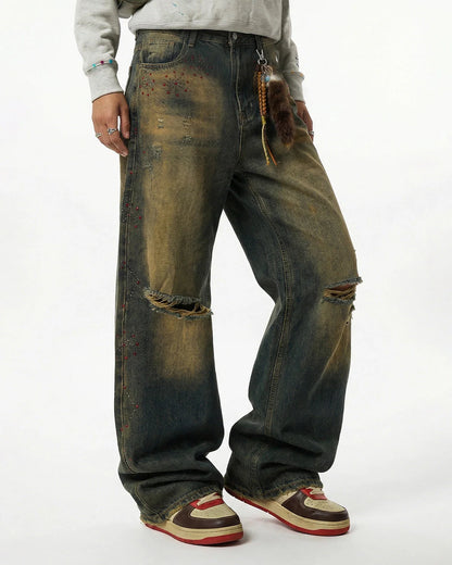 Dirty Wash Rhinestone Baggy Jeans | LCDEGO Streetwear