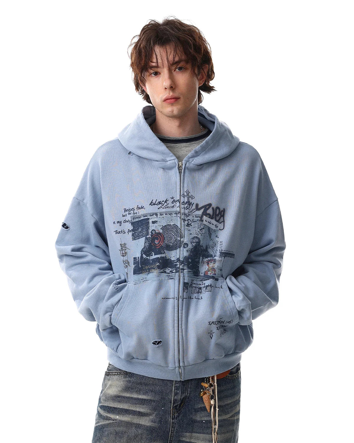 Graffiti Character Distressed Washed Zip Hoodies | LCDEGO Streetwear