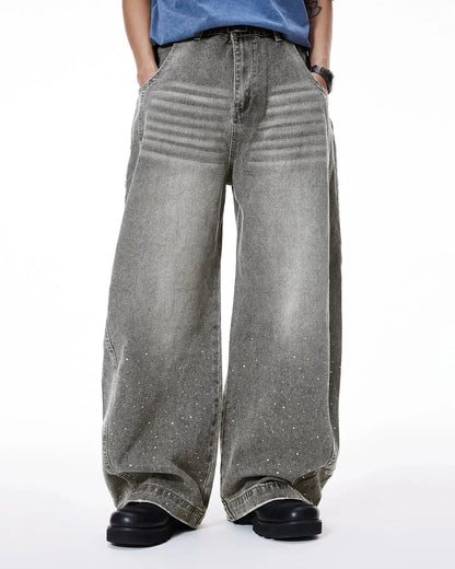 Rhinestone Washed Barrel Jeans| LCDEGO Streetwear