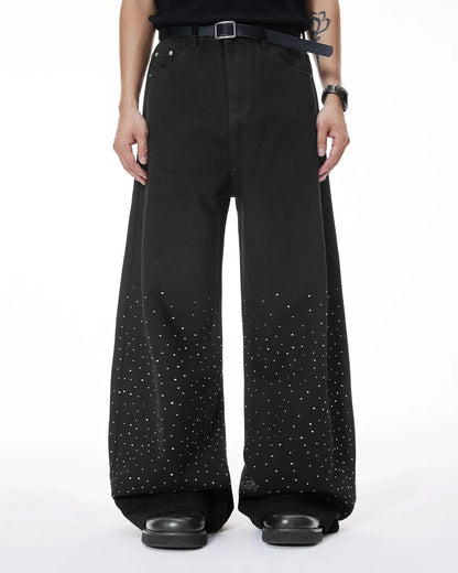 Chill Wide Leg Rhinestone Denim Pants | LCDEGO Streetwear