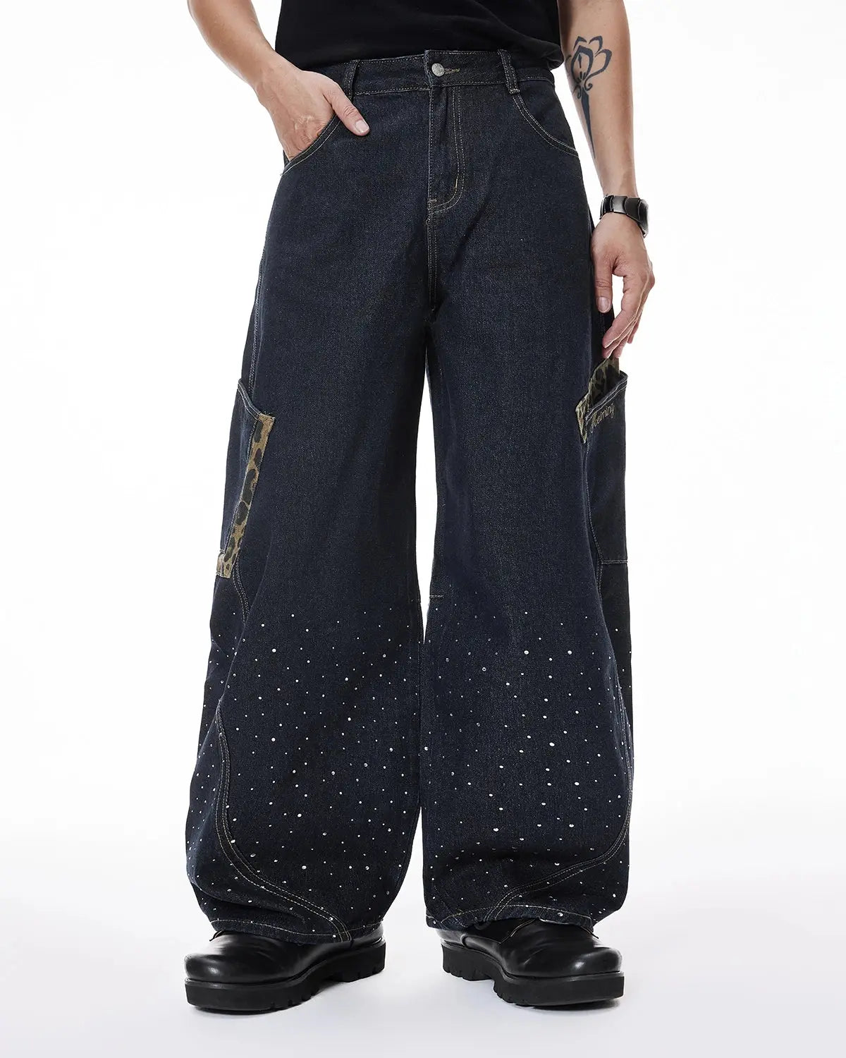 Leopard Patch Rhinestone Barrel Jeans | LCDEGO Streetwear