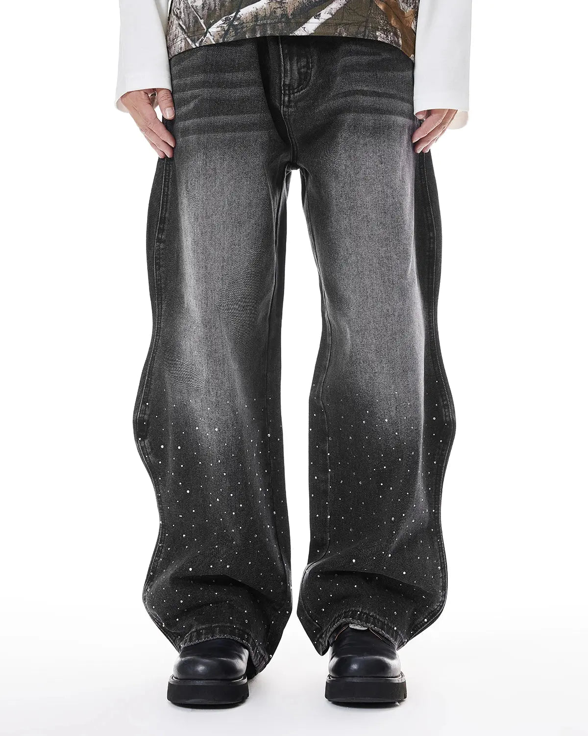 Rhinestone Wavy Baggy Jeans I LCDEGO Streetwear