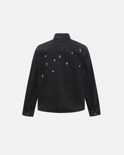 Starry Cross Rhinestone Washed Denim Shirt | LCDEGO Streetwear