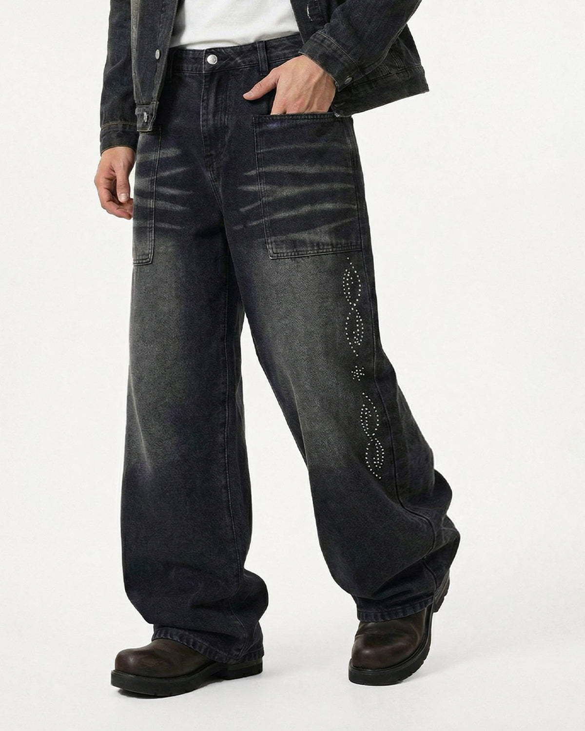 Whiskered Rhinestone Baggy Denim Jeans | LCDEGO Streetwear