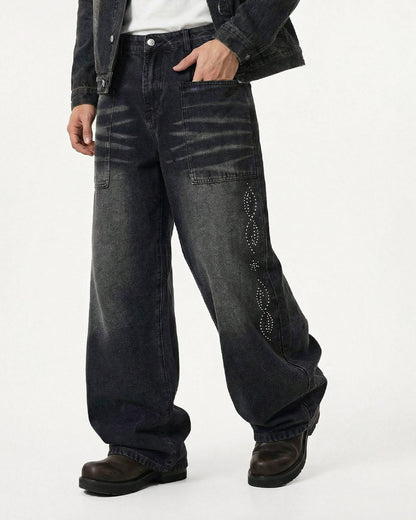 Whiskered Rhinestone Baggy Denim Jeans | LCDEGO Streetwear