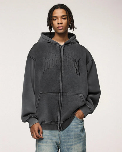 LCDEGO Puff Print Washed Zip Up Hoodies