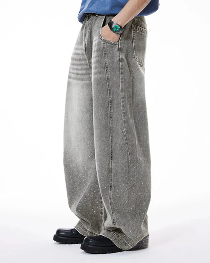 Rhinestone Washed Barrel Jeans| LCDEGO Streetwear