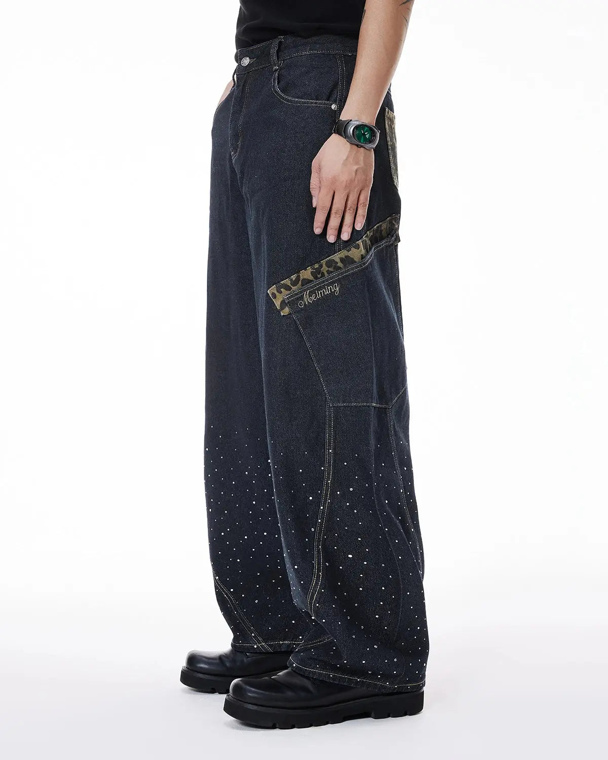 Leopard Patch Rhinestone Barrel Jeans | LCDEGO Streetwear