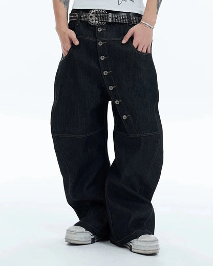 Buttons Up Raw Baggy Jeans | LCDEGO Streetwear
