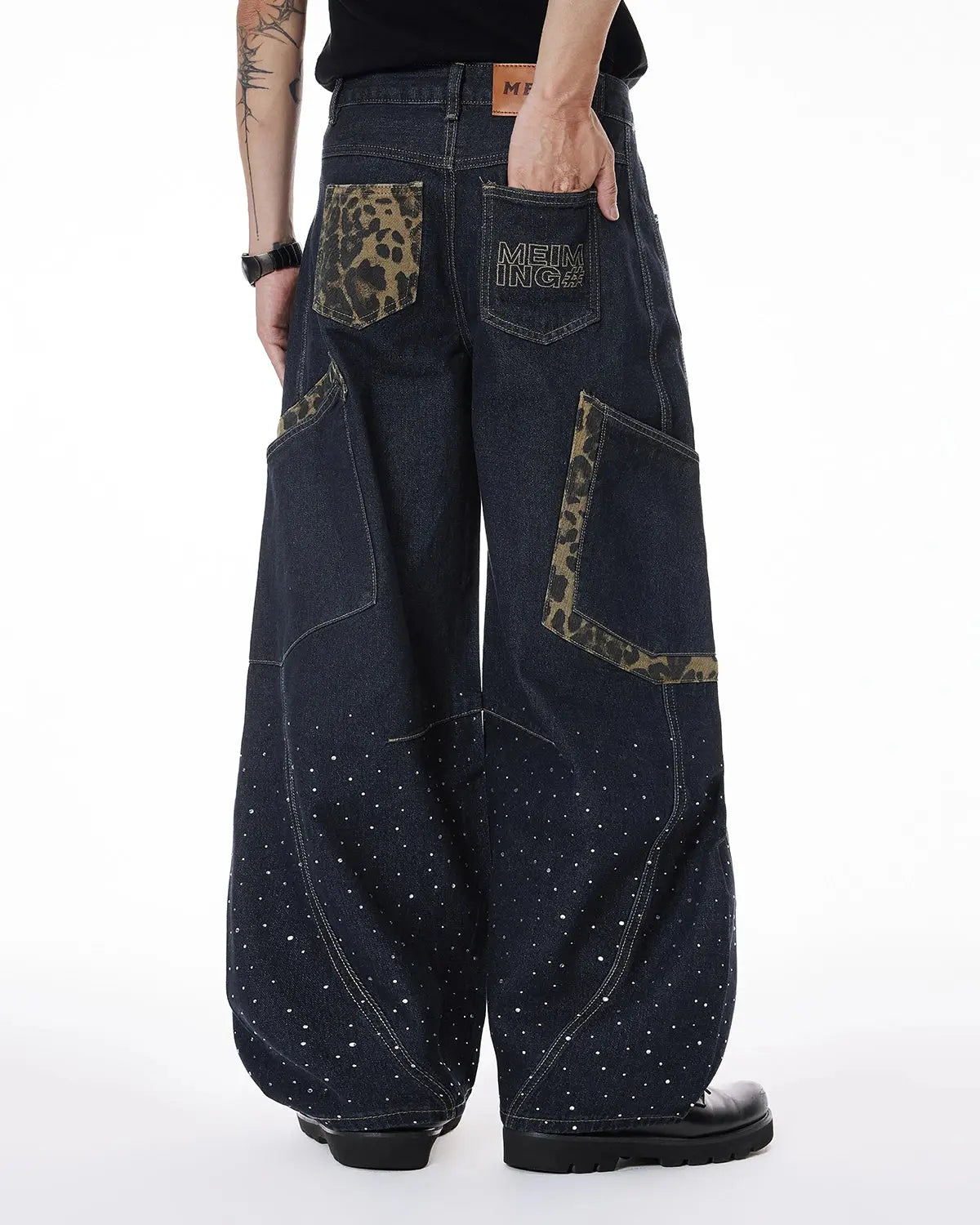 Leopard Patch Rhinestone Barrel Jeans | LCDEGO Streetwear