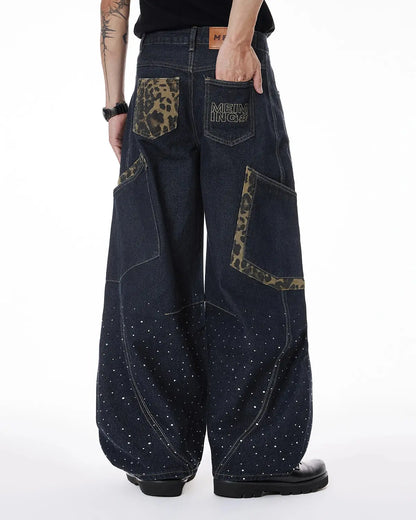 Leopard Patch Rhinestone Barrel Jeans | LCDEGO Streetwear