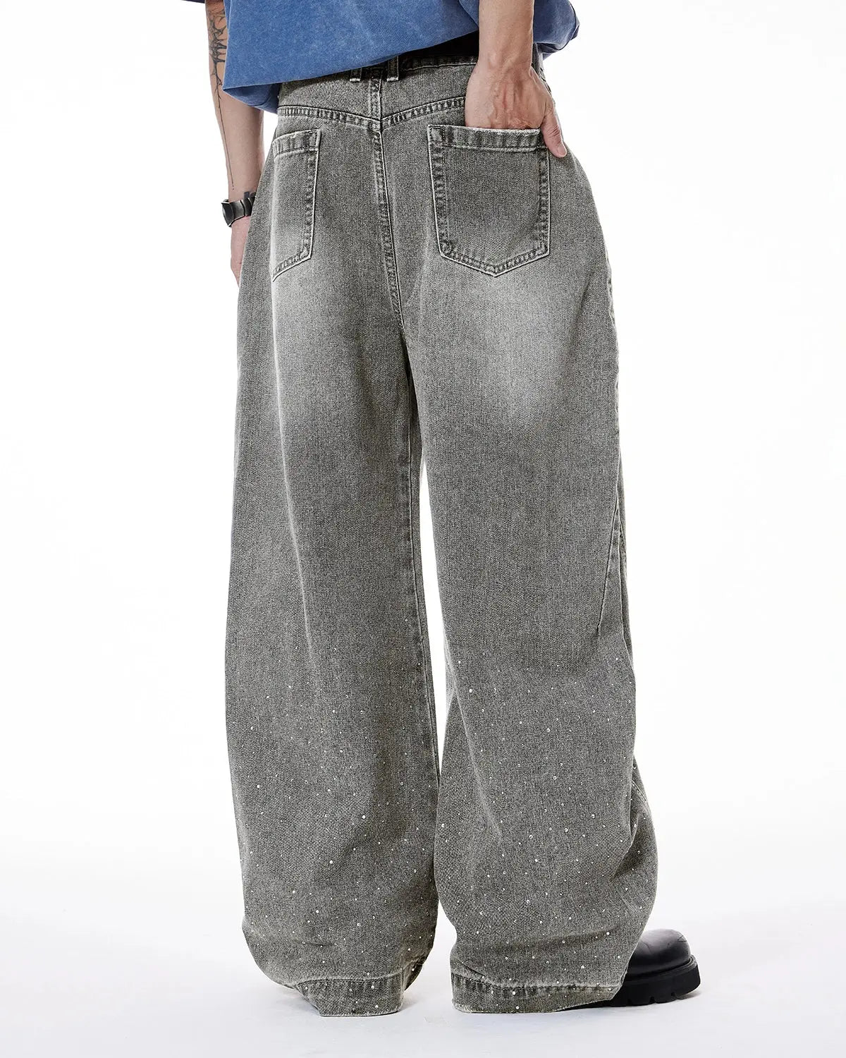 Rhinestone Washed Barrel Jeans| LCDEGO Streetwear