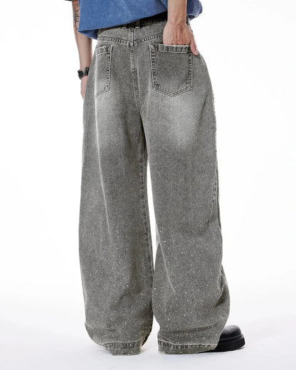 Rhinestone Washed Barrel Jeans| LCDEGO Streetwear