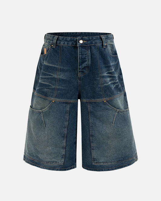 indigo washed cargo denim jorts front view