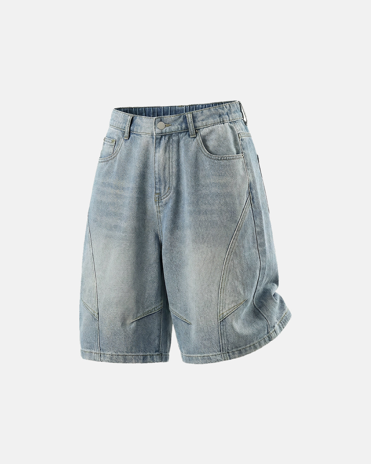 structured washed denim shorts with panel design and relaxed fit