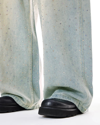 Washed Rhinestone Baggy Jeans | LCDEGO Streetwear