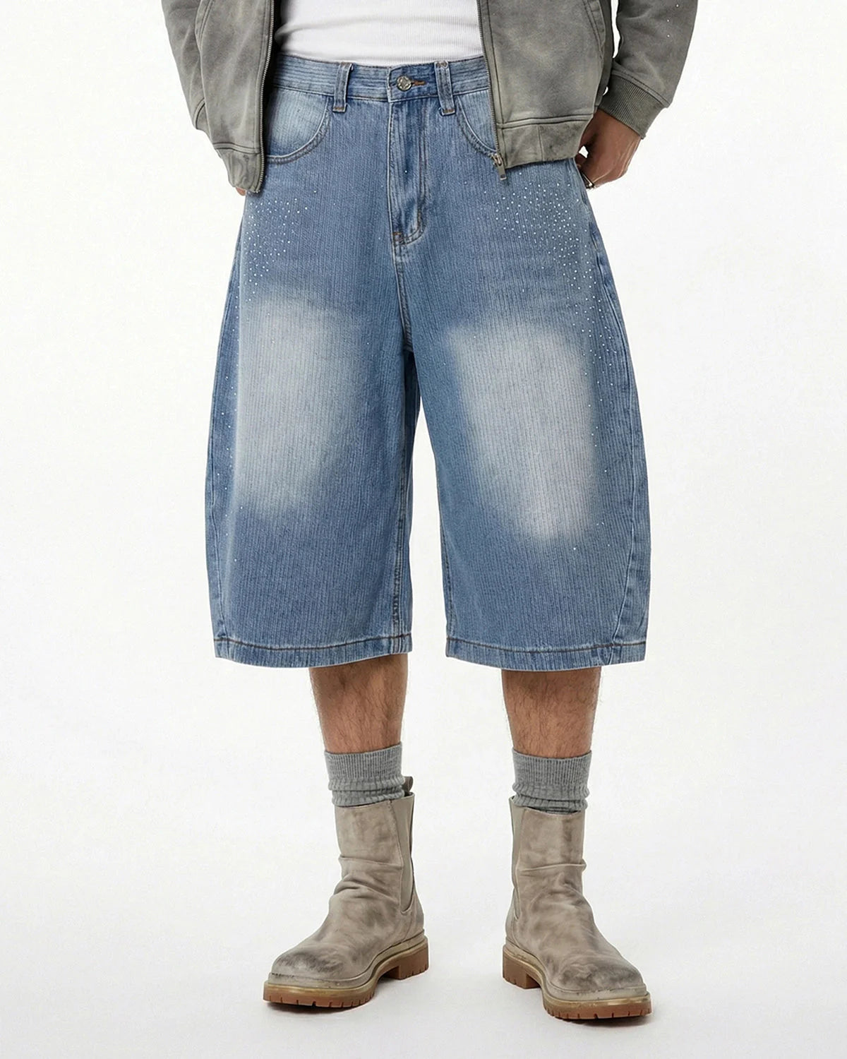 Star Rhinestone Longline Denim Shorts | LCDEGO Streetwear