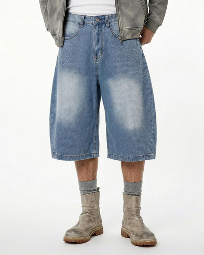 Star Rhinestone Longline Denim Shorts | LCDEGO Streetwear
