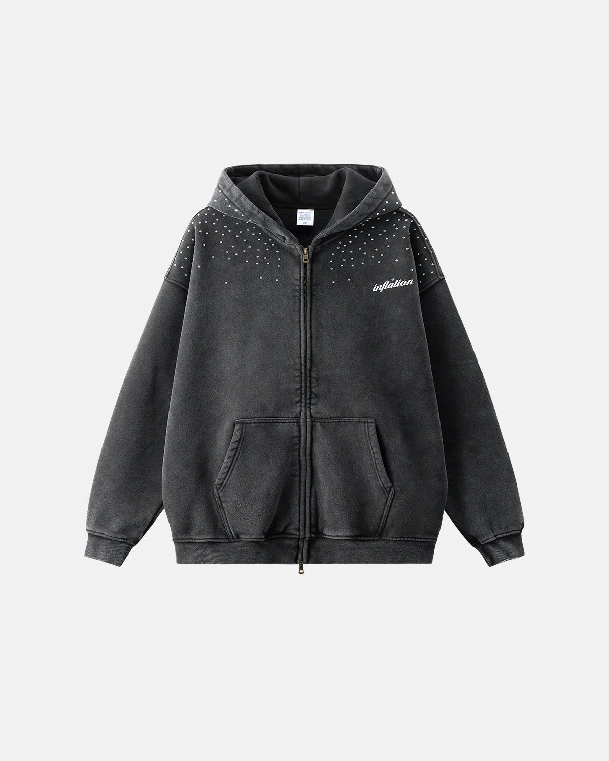 Distressed Washed Rhinestone Zip Up Hoodies | LCDEGO Streetwear