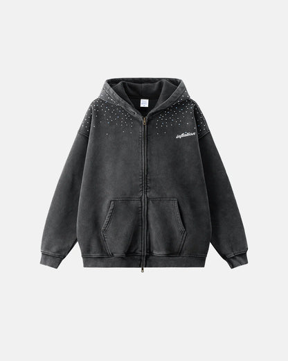 Distressed Washed Rhinestone Zip Up Hoodies | LCDEGO Streetwear