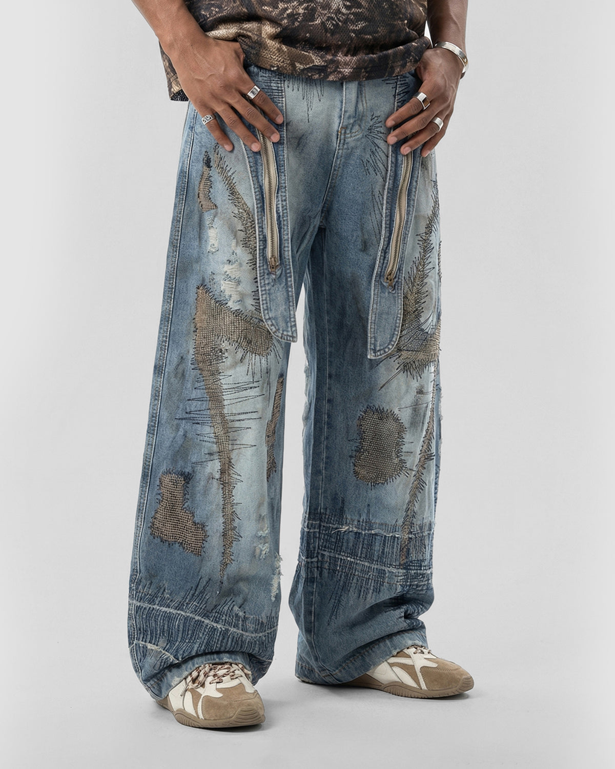 Distressed Patchwork Barrel Jeans | LCDEGO Streetwear