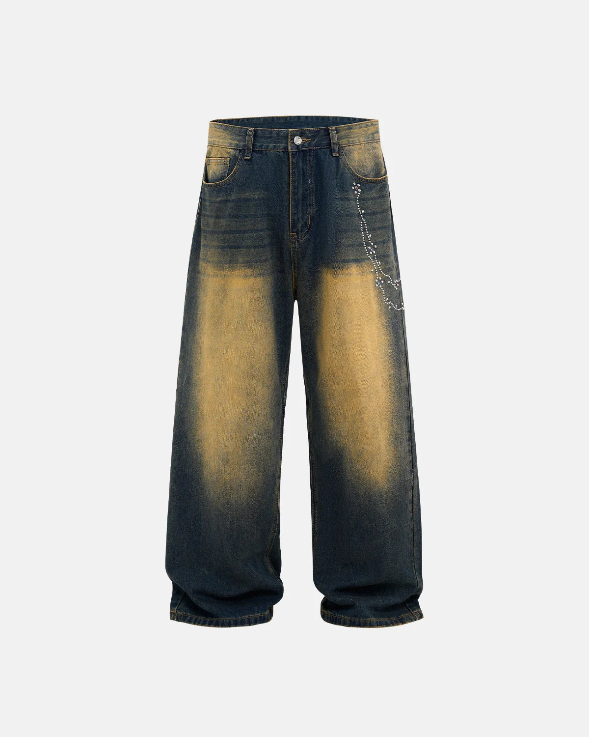 Acid Wash Rhinestone Chain Baggy Jeans | LCDEGO Streetwear