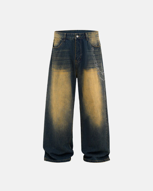 Acid Wash Rhinestone Chain Baggy Jeans | LCDEGO Streetwear