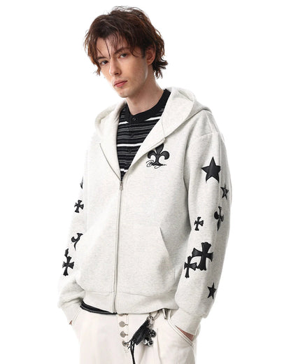 Cross PU Patch Embroidery Zip Up Hoodies | LCDEGO Streetwear