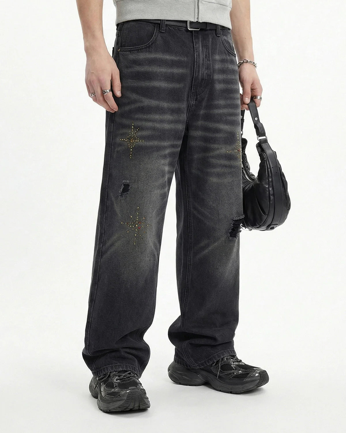 Distressed Rhinestone Ripped Baggy Jeans | LCDEGO Streetwear