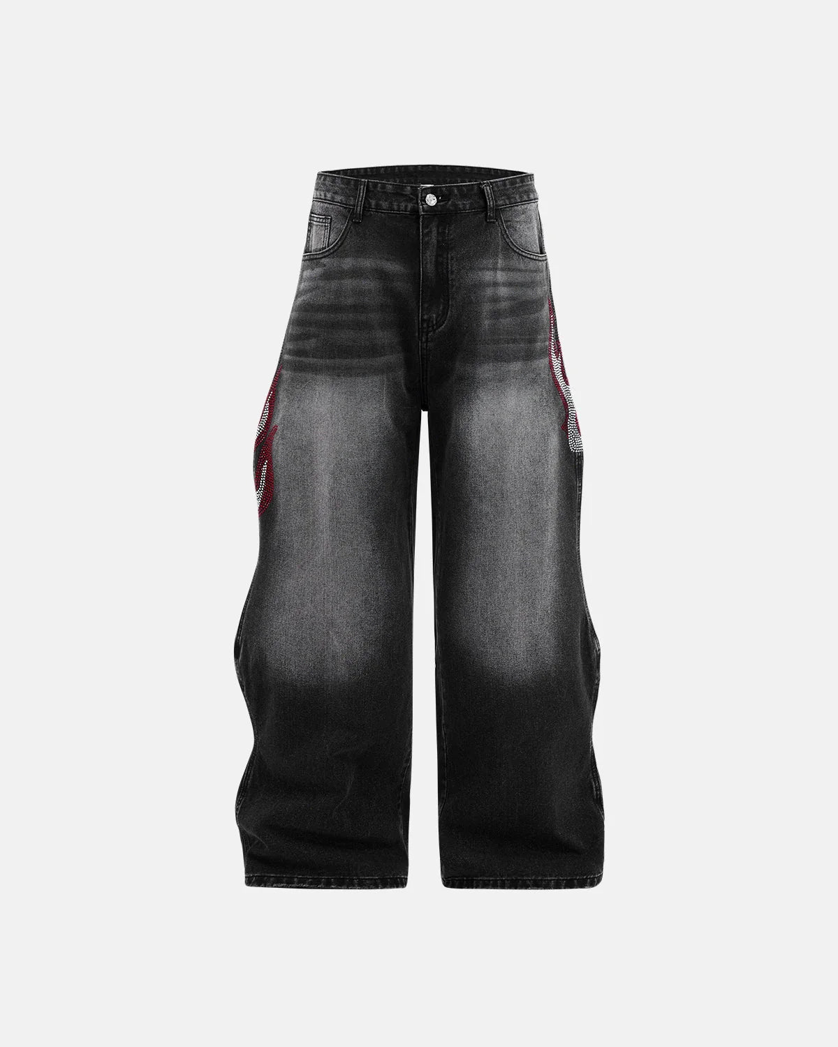 Flame Graphic Rhinestone Barrel Jeans | LCDEGO Streetewear
