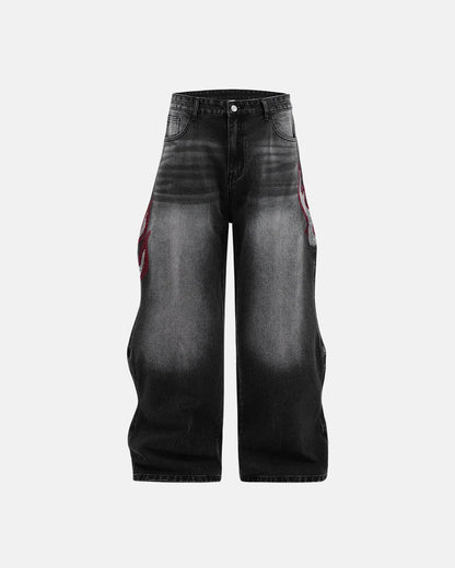 Flame Graphic Rhinestone Barrel Jeans | LCDEGO Streetewear