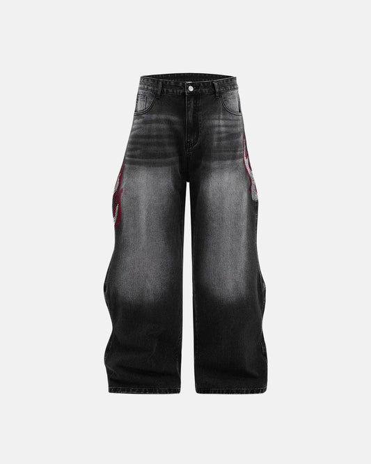 Flame Graphic Rhinestone Barrel Jeans | LCDEGO Streetewear
