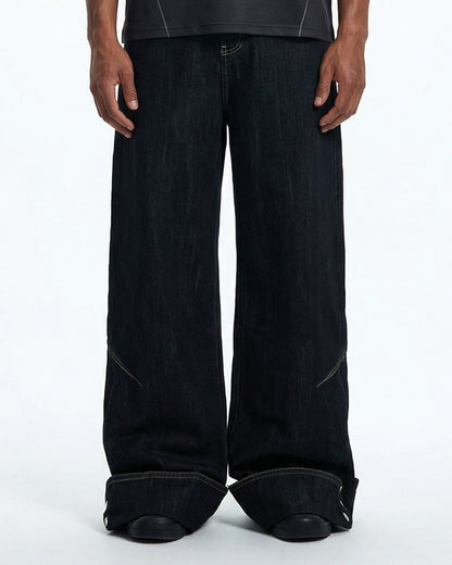 Dark Washed Cuff Detail Wide Leg Jeans | LCDEGO Streetwear