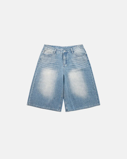 Blue Rhinestone Baggy Jeans Shorts | LCDEGO Streetwear
